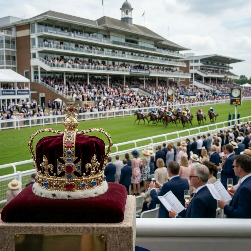 Royal crown trophy on a velvet cushion with horse race and crowd in background